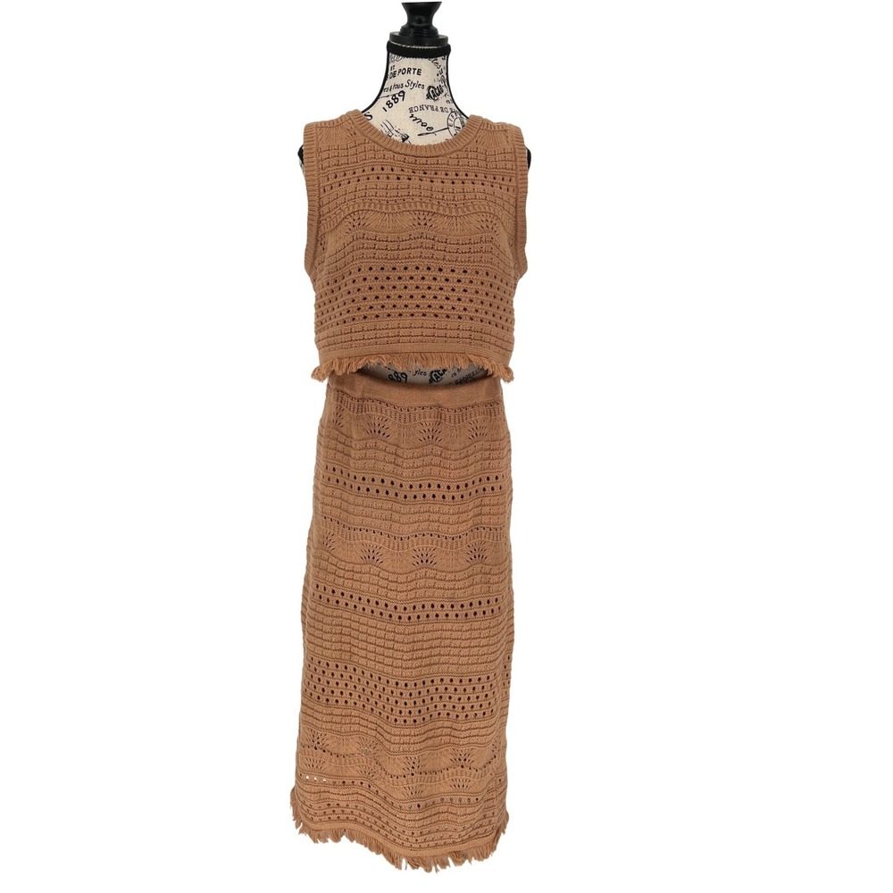 House of Harlow 1960 Knit Sweater Skirt Set‎ Cognac Crochet EUC